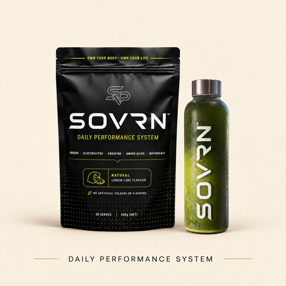 SOVRN Daily Performance System pouch with a mixed bottle
