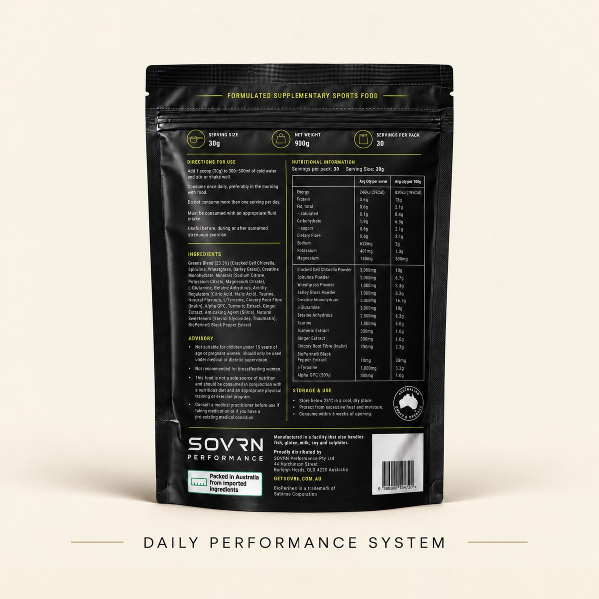 Back of pouch showing nutritional information, ingredients and directions for use