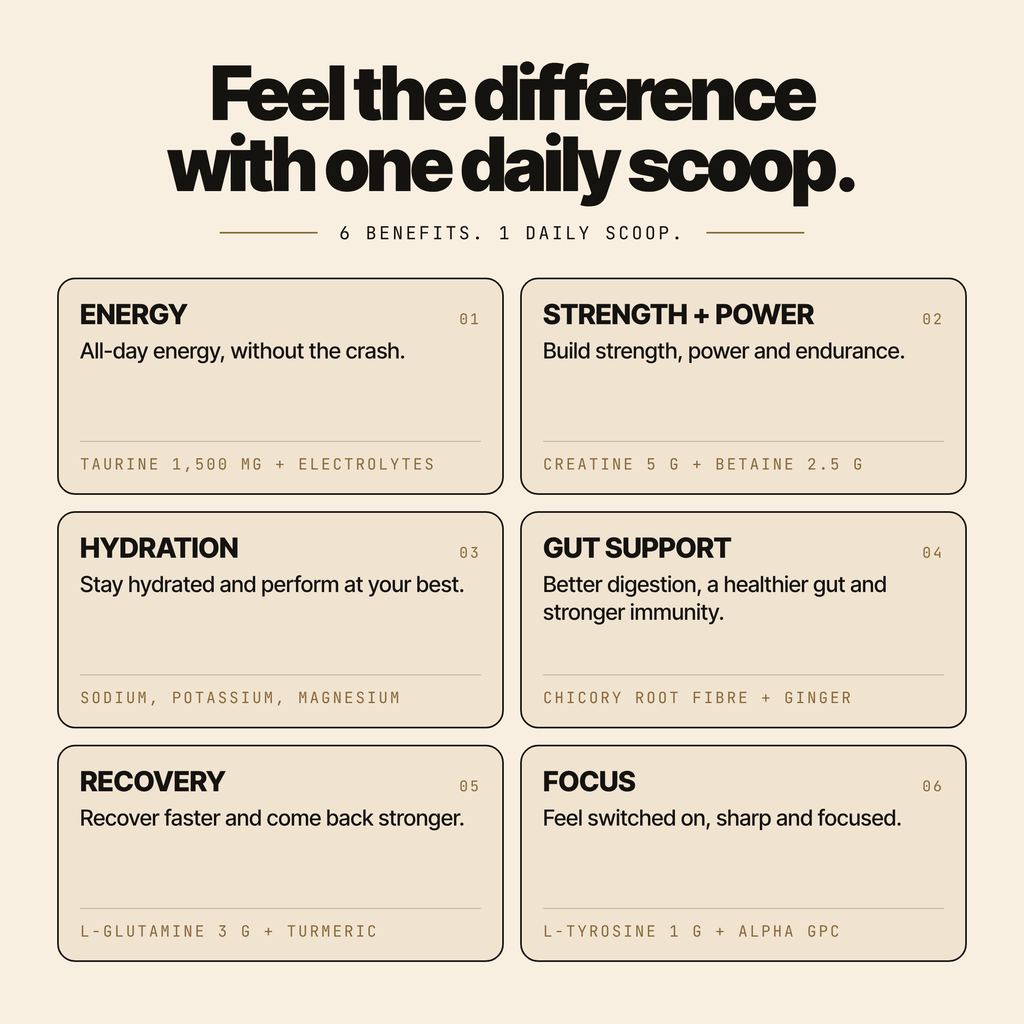 Feel the difference with one daily scoop: energy, strength and power, hydration, gut support, recovery and focus, with the key ingredients behind each