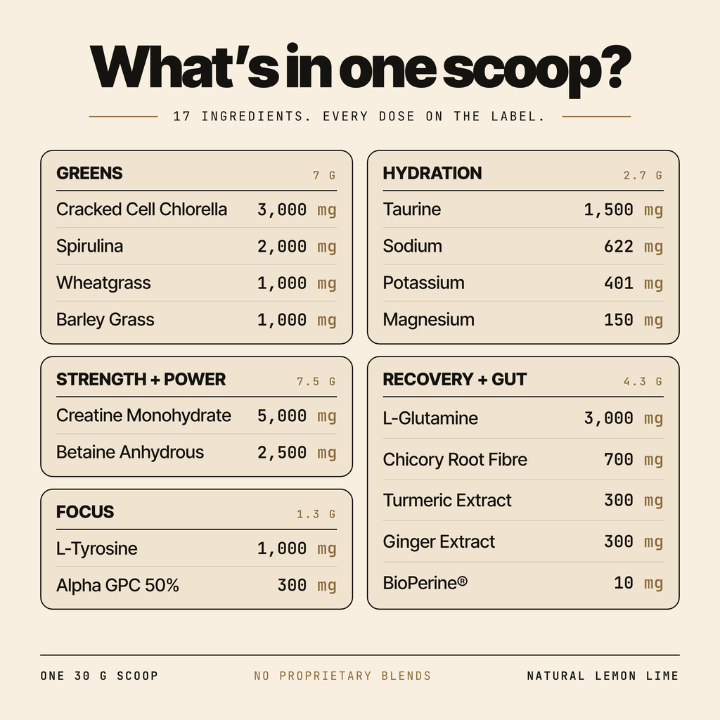 What's in one scoop: all 17 ingredients with their doses, including 5,000 mg creatine and 7 g of greens